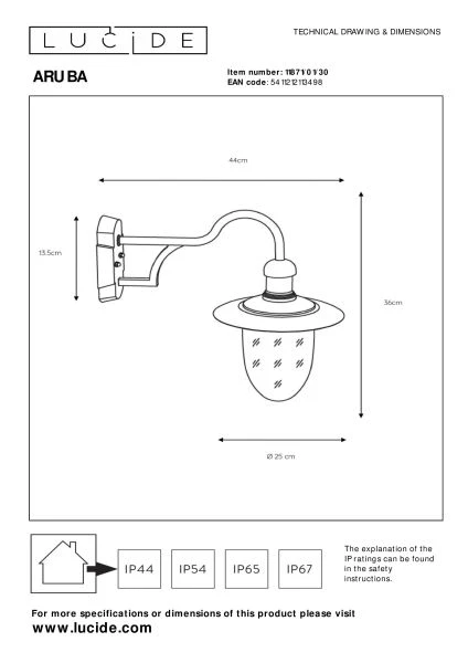 Lucide ARUBA - Wandlamp Binnen/Buiten - Ø 25 cm - 1xE27 - IP44 - Zwart - technisch